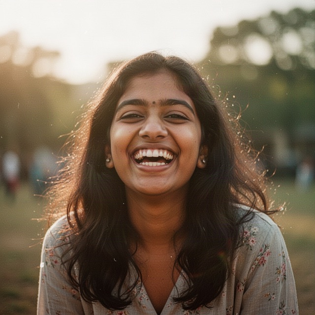 Ananya laughing outdoors at golden hour